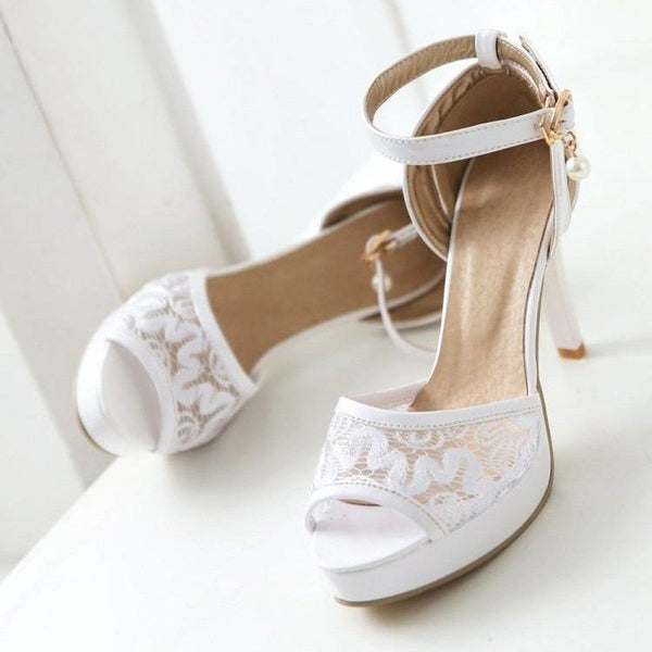 Comfort Lace Mesh Stiletto Open Toe High Heels Sandals Ankle Strap Party Shoes