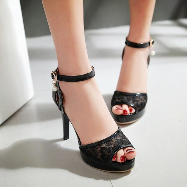 Comfort Lace Mesh Stiletto Open Toe High Heels Sandals Ankle Strap Party Shoes
