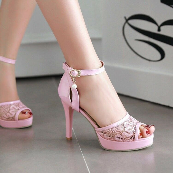 Comfort Lace Mesh Stiletto Open Toe High Heels Sandals Ankle Strap Party Shoes