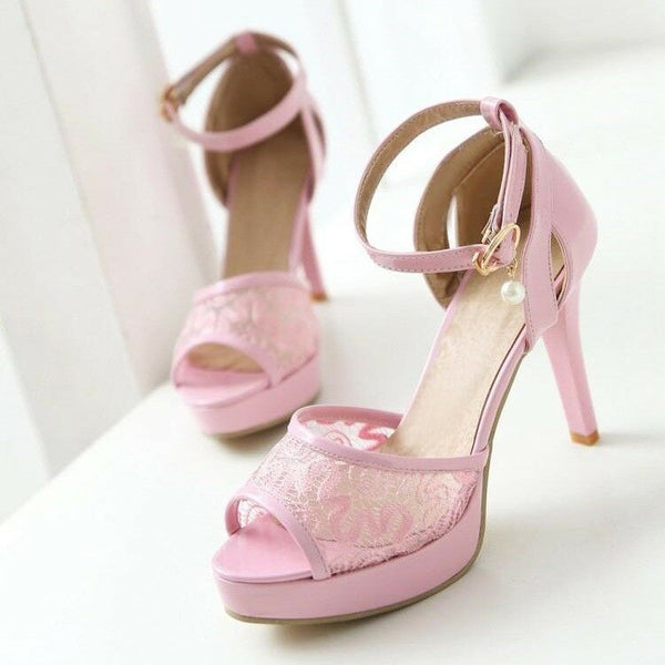 Comfort Lace Mesh Stiletto Open Toe High Heels Sandals Ankle Strap Party Shoes