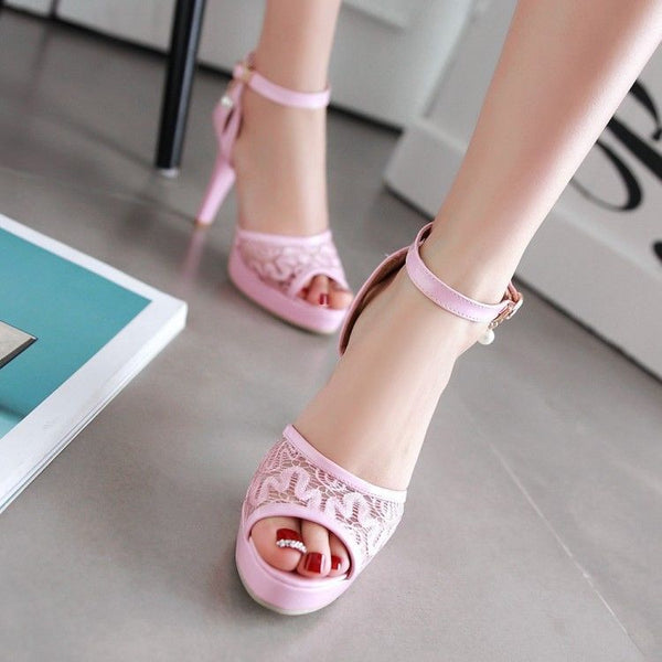 Comfort Lace Mesh Stiletto Open Toe High Heels Sandals Ankle Strap Party Shoes