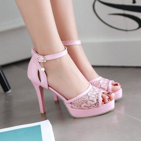 Comfort Lace Mesh Stiletto Open Toe High Heels Sandals Ankle Strap Party Shoes