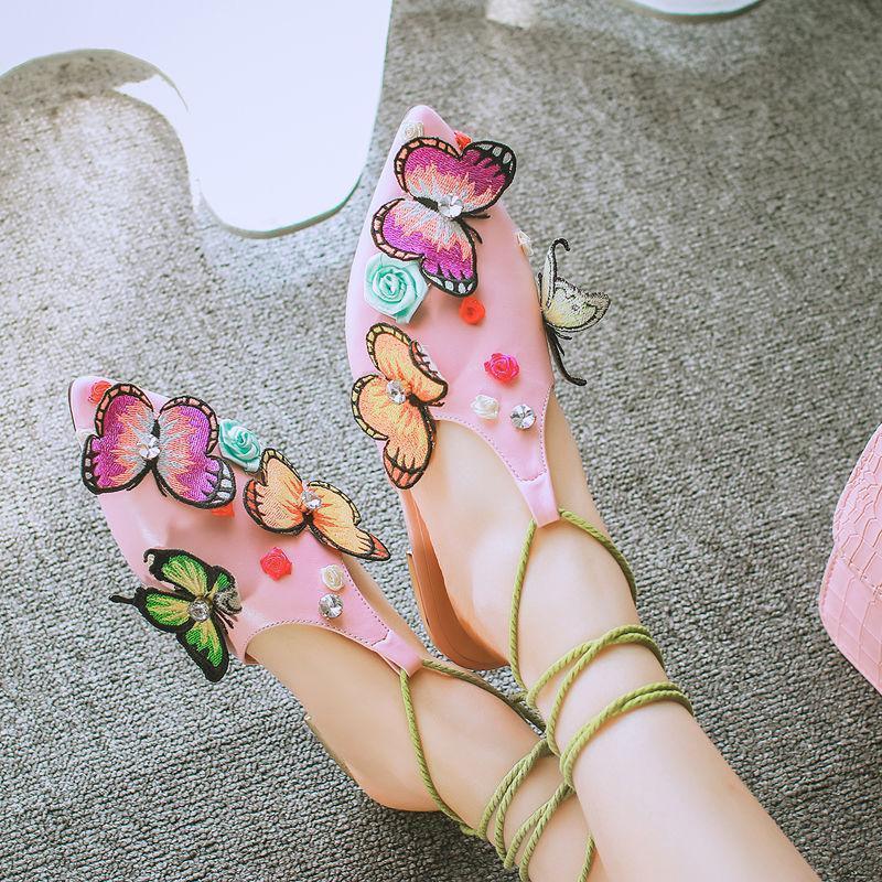 Attractive Lace Up Chic Ethnic Floral Ankle Sandal Rhinestone Sling Back Shoes