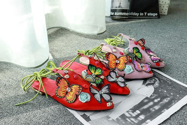 Attractive Lace Up Chic Ethnic Floral Ankle Sandal Rhinestone Sling Back Shoes