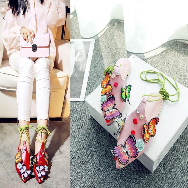 Attractive Lace Up Chic Ethnic Floral Ankle Sandal Rhinestone Sling Back Shoes