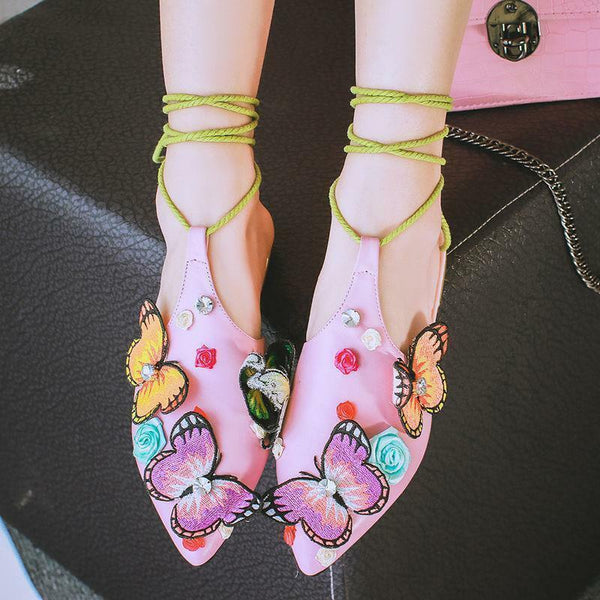 Attractive Lace Up Chic Ethnic Floral Ankle Sandal Rhinestone Sling Back Shoes