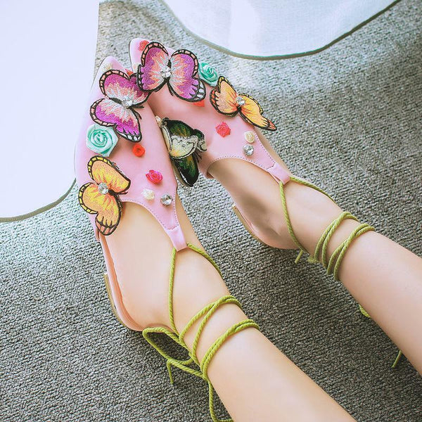Attractive Lace Up Chic Ethnic Floral Ankle Sandal Rhinestone Sling Back Shoes
