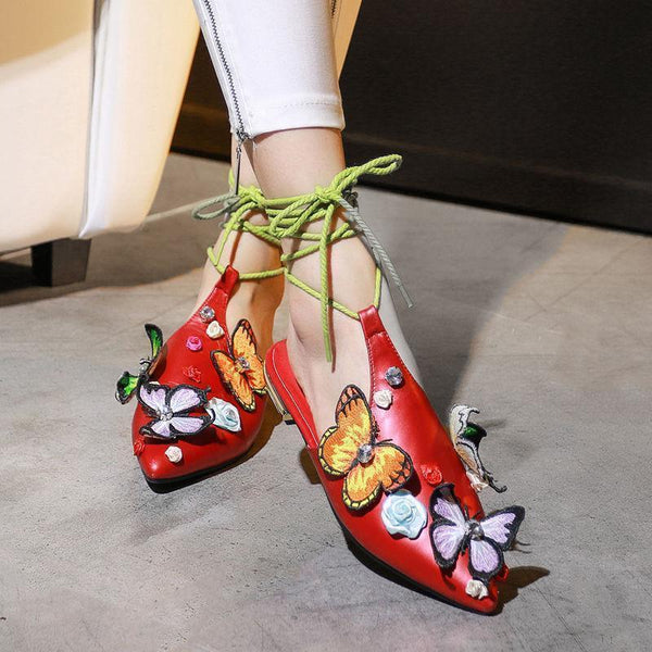 Attractive Lace Up Chic Ethnic Floral Ankle Sandal Rhinestone Sling Back Shoes