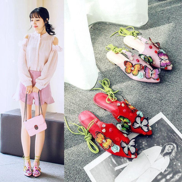 Attractive Lace Up Chic Ethnic Floral Ankle Sandal Rhinestone Sling Back Shoes