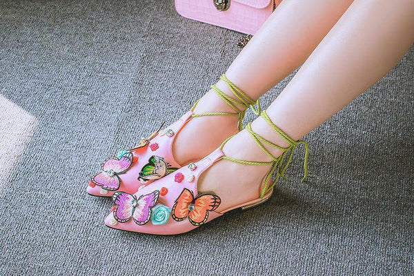 Attractive Lace Up Chic Ethnic Floral Ankle Sandal Rhinestone Sling Back Shoes