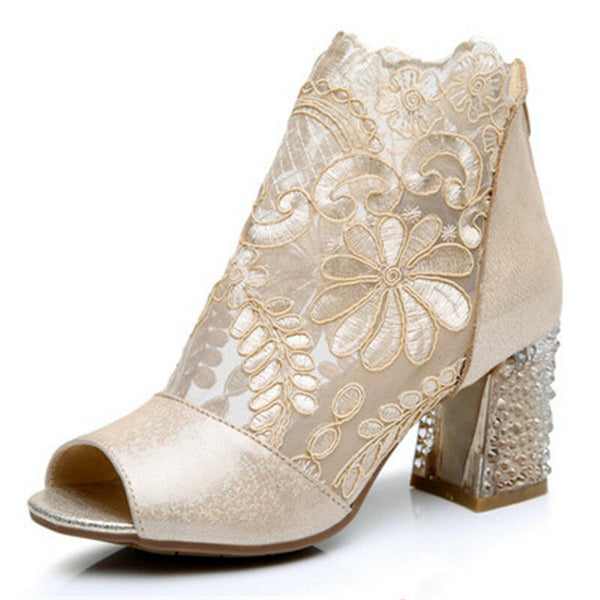 Ladies Chunky High Block Heel Lace Mesh Open Toe Zip Back Sandals Boots Shoes