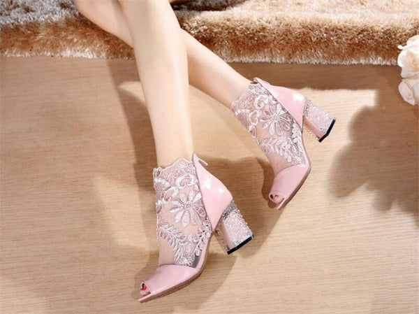 Ladies Chunky High Block Heel Lace Mesh Open Toe Zip Back Sandals Boots Shoes