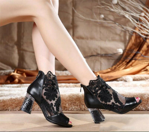 Ladies Chunky High Block Heel Lace Mesh Open Toe Zip Back Sandals Boots Shoes