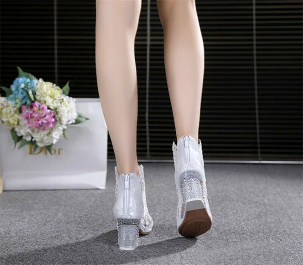 Ladies Chunky High Block Heel Lace Mesh Open Toe Zip Back Sandals Boots Shoes