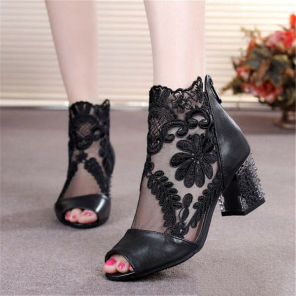 Ladies Chunky High Block Heel Lace Mesh Open Toe Zip Back Sandals Boots Shoes