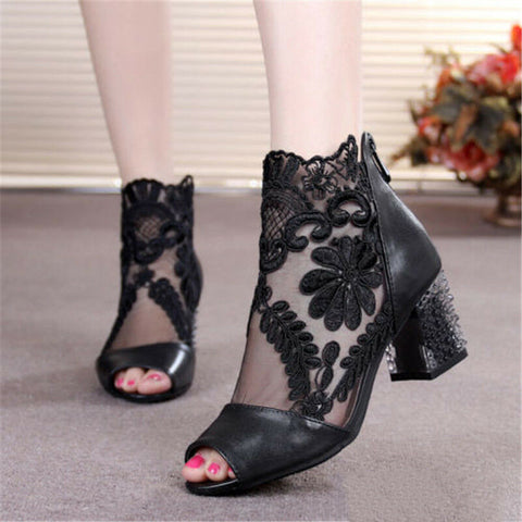 Ladies Chunky High Block Heel Lace Mesh Open Toe Zip Back Sandals Boots Shoes