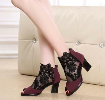 Trendy Women Hollow Out Mesh Chunky High Heels Lace Peep Toe Sandals Boots Shoes