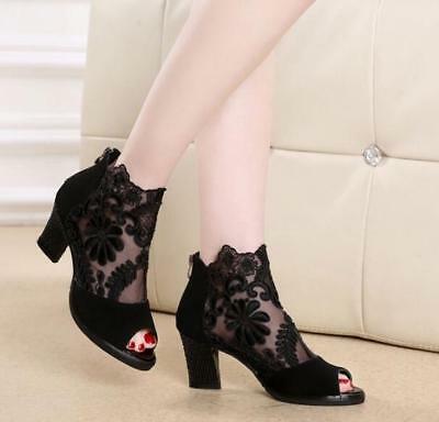 Trendy Women Hollow Out Mesh Chunky High Heels Lace Peep Toe Sandals Boots Shoes