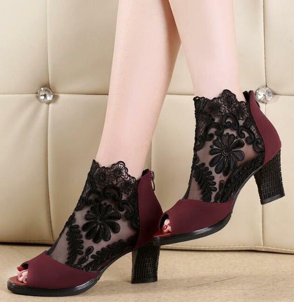 Trendy Women Hollow Out Mesh Chunky High Heels Lace Peep Toe Sandals Boots Shoes