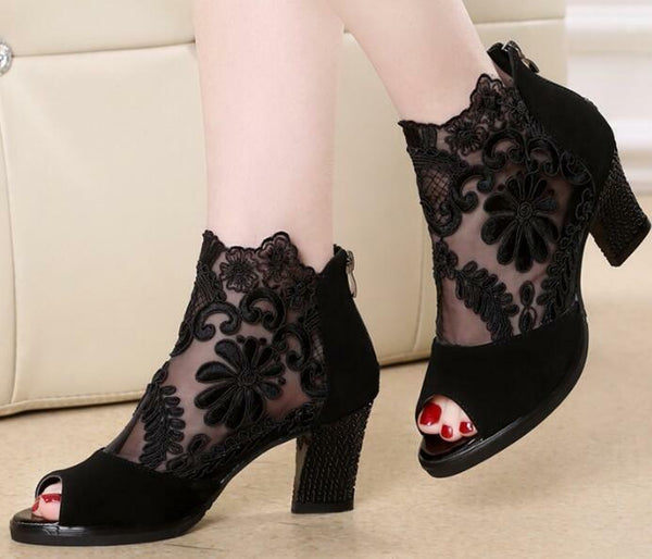 Trendy Women Hollow Out Mesh Chunky High Heels Lace Peep Toe Sandals Boots Shoes