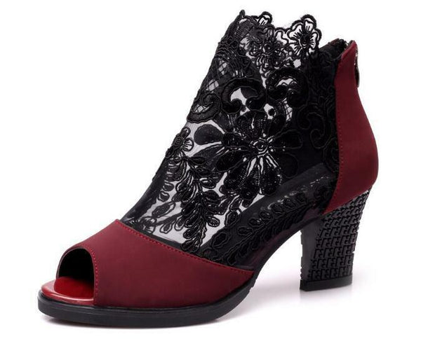 Trendy Women Hollow Out Mesh Chunky High Heels Lace Peep Toe Sandals Boots Shoes