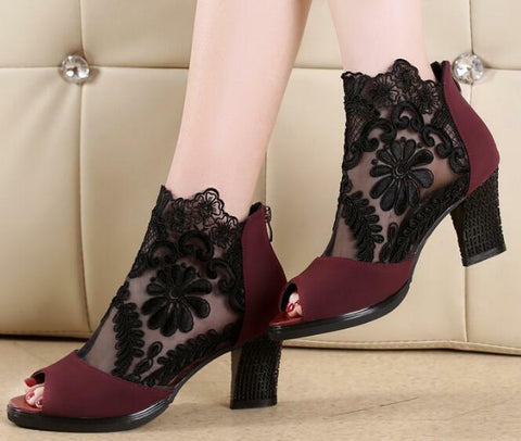 Trendy Women Hollow Out Mesh Chunky High Heels Lace Peep Toe Sandals Boots Shoes