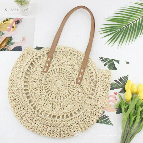 Hand Woven Summer Rattan Women Girl Basket Round Straw Beach Shoulder Bag Purse