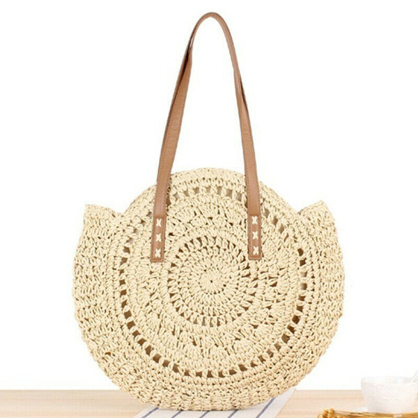 Hand Woven Summer Rattan Women Girl Basket Round Straw Beach Shoulder Bag Purse