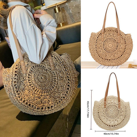 Hand Woven Summer Rattan Women Girl Basket Round Straw Beach Shoulder Bag Purse