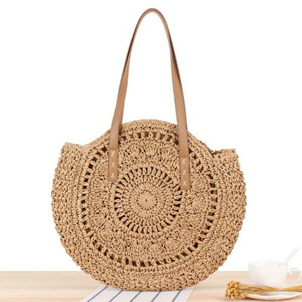 Hand Woven Summer Rattan Women Girl Basket Round Straw Beach Shoulder Bag Purse