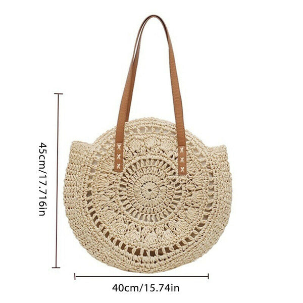 Hand Woven Summer Rattan Women Girl Basket Round Straw Beach Shoulder Bag Purse