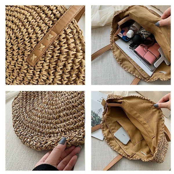 Hand Woven Summer Rattan Women Girl Basket Round Straw Beach Shoulder Bag Purse
