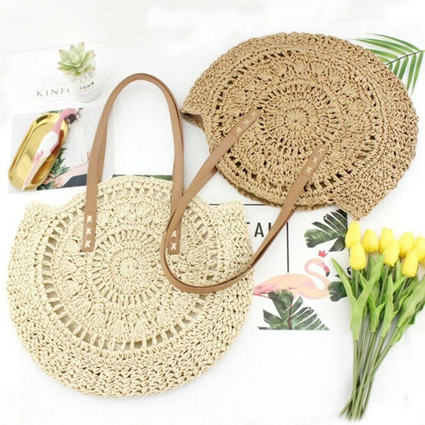 Hand Woven Summer Rattan Women Girl Basket Round Straw Beach Shoulder Bag Purse