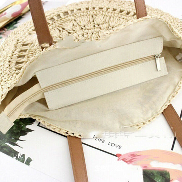 Hand Woven Summer Rattan Women Girl Basket Round Straw Beach Shoulder Bag Purse