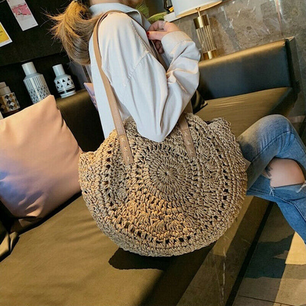 Hand Woven Summer Rattan Women Girl Basket Round Straw Beach Shoulder Bag Purse