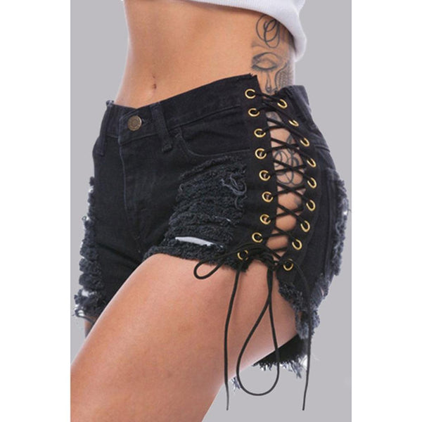 Sexy Ladies Black Demin Mini Shorts Pants High Waist Casual Bandage Short Jeans