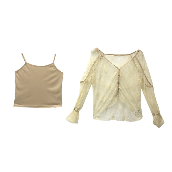 Beautiful Attractive Light Apricot Lace See Through Lady Blouse Top Strap Sling