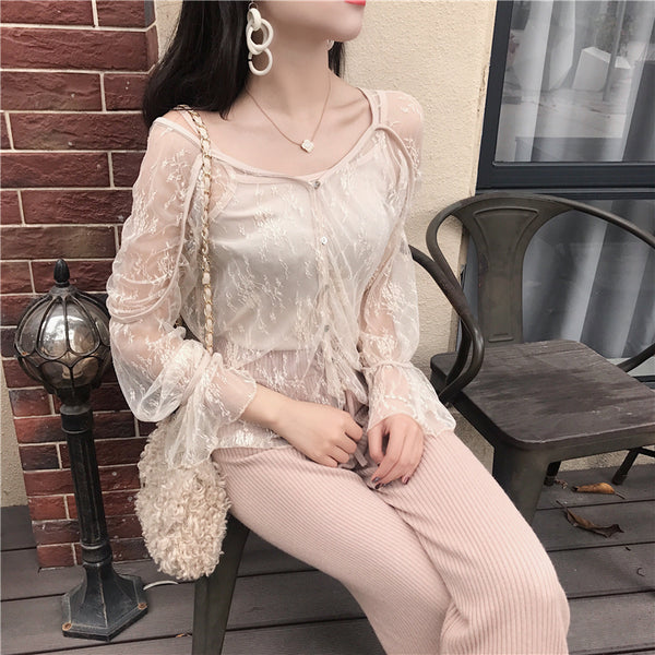Beautiful Attractive Light Apricot Lace See Through Lady Blouse Top Strap Sling
