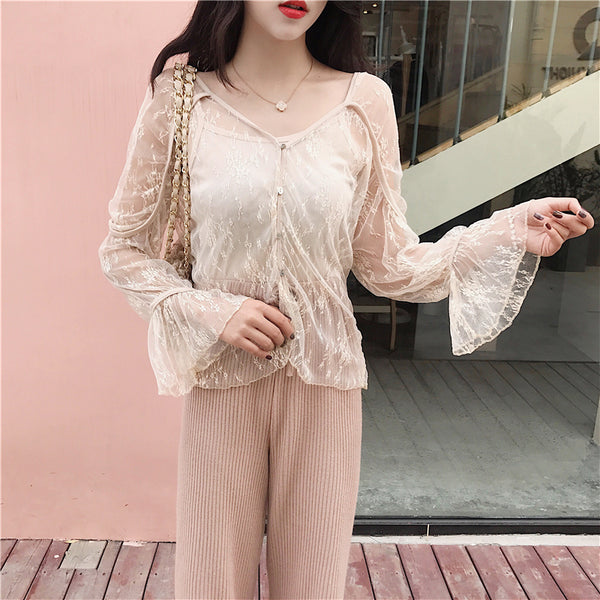 Beautiful Attractive Light Apricot Lace See Through Lady Blouse Top Strap Sling