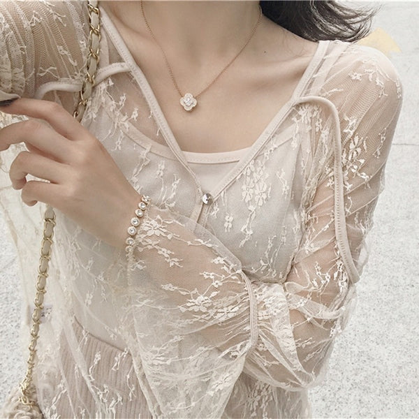 Beautiful Attractive Light Apricot Lace See Through Lady Blouse Top Strap Sling