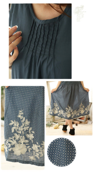 Japanese Mori Girl Retro Summer Sleeveless Lagen Cotton embroidery Dress Dresses