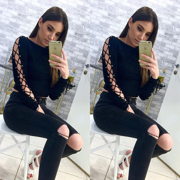 Lady Long Sleeve Tops Shirt Black Slim Hollow Side Strap Lace Up T-Shirt Blouse