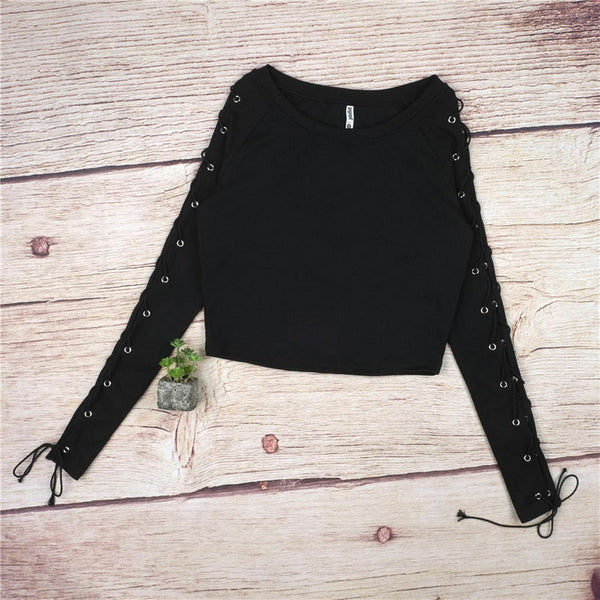 Lady Long Sleeve Tops Shirt Black Slim Hollow Side Strap Lace Up T-Shirt Blouse
