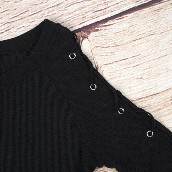 Lady Long Sleeve Tops Shirt Black Slim Hollow Side Strap Lace Up T-Shirt Blouse