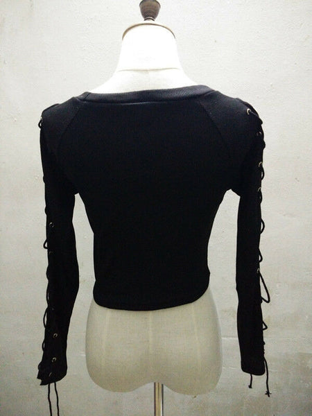 Lady Long Sleeve Tops Shirt Black Slim Hollow Side Strap Lace Up T-Shirt Blouse