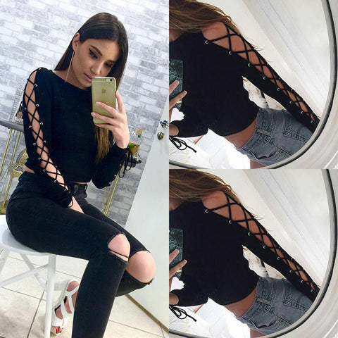 Lady Long Sleeve Tops Shirt Black Slim Hollow Side Strap Lace Up T-Shirt Blouse