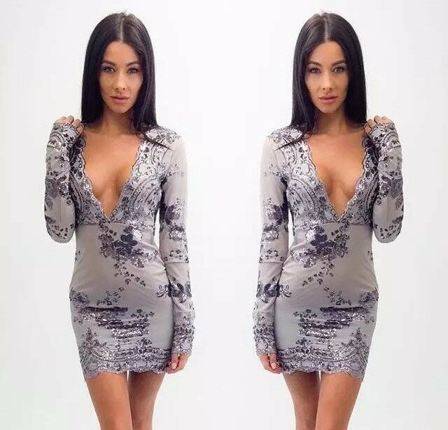 Nice Sexy Sequins Deep V Neck Bandage Bodycon Evening Cocktail Party Mini Dress