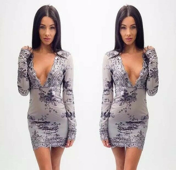 Nice Sexy Sequins Deep V Neck Bandage Bodycon Evening Cocktail Party Mini Dress