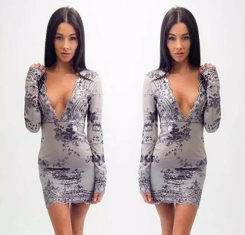 Nice Sexy Sequins Deep V Neck Bandage Bodycon Evening Cocktail Party Mini Dress