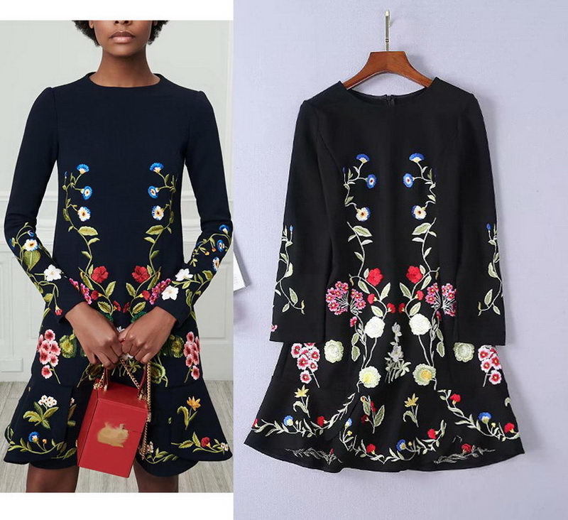Black Embroidery Floral Cropped Furcal Dress Runway Occident Party Dresses